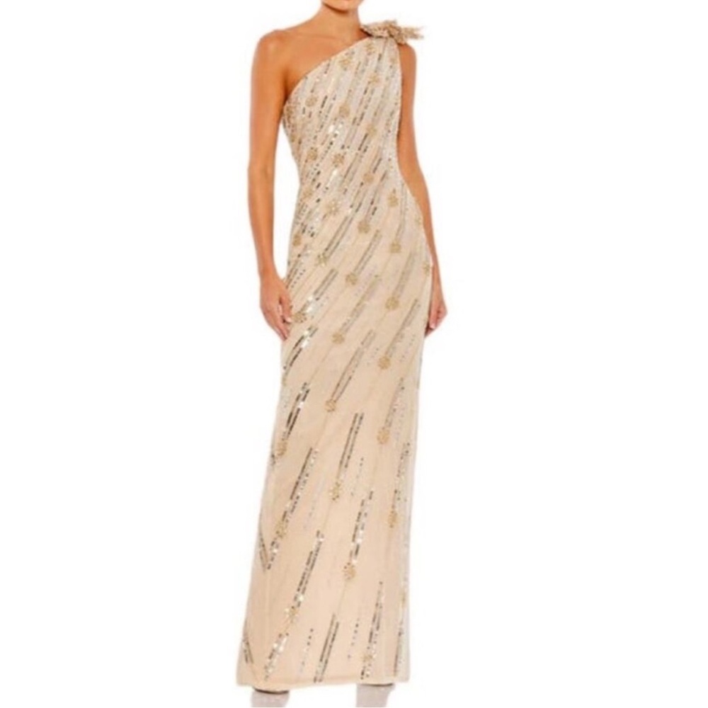 Mac Duggal Nude & Gold Embellished Sequin Floral One Shoulder Flower Detail Gown